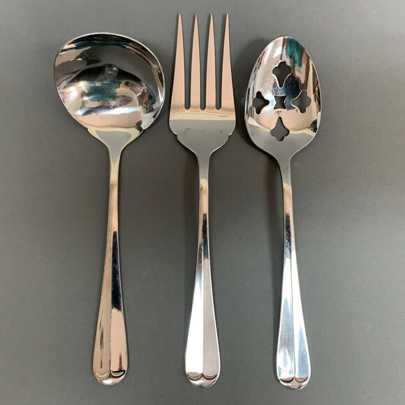 Michael LLoyd MLL12 Fork Pierced Spoon & Solid Gravy Ladle Stainless Lot of 3 - Picture 2 of 7